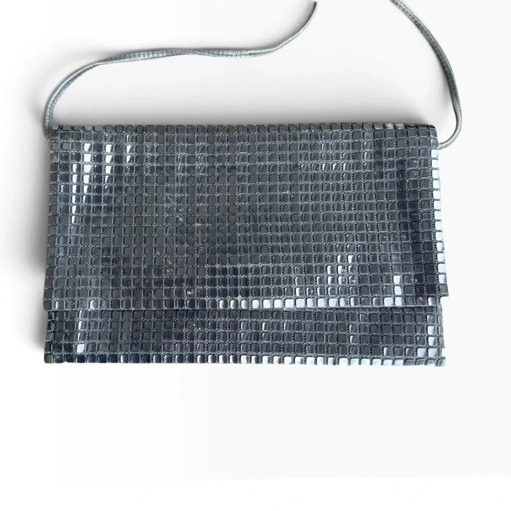 Vintage 80s Black Metal Mesh Envelope  Shoulder Evening Clutch Purse retro